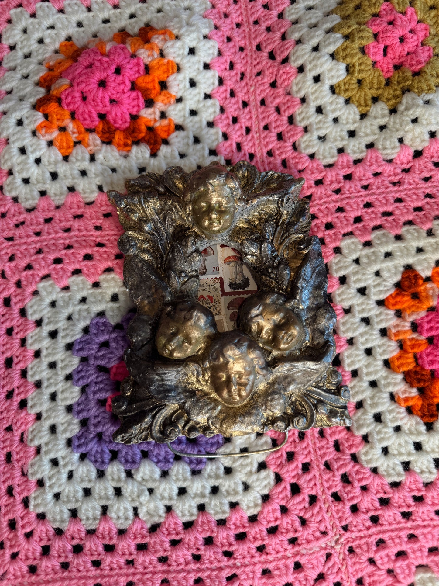 Vintage Ornate Cherub Frame with Antique Stamp Art – Heavy Gilt Finish