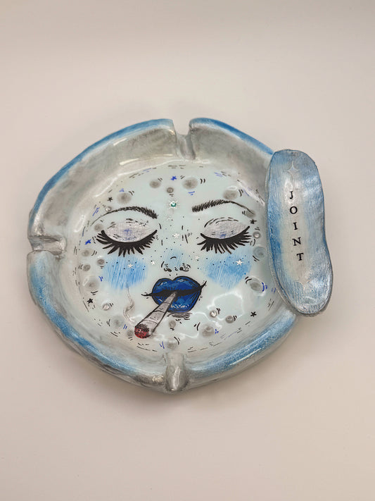 Blue Smoking Moon Ashtray – Hand-Painted Celestial Moon Dish (5.5”)