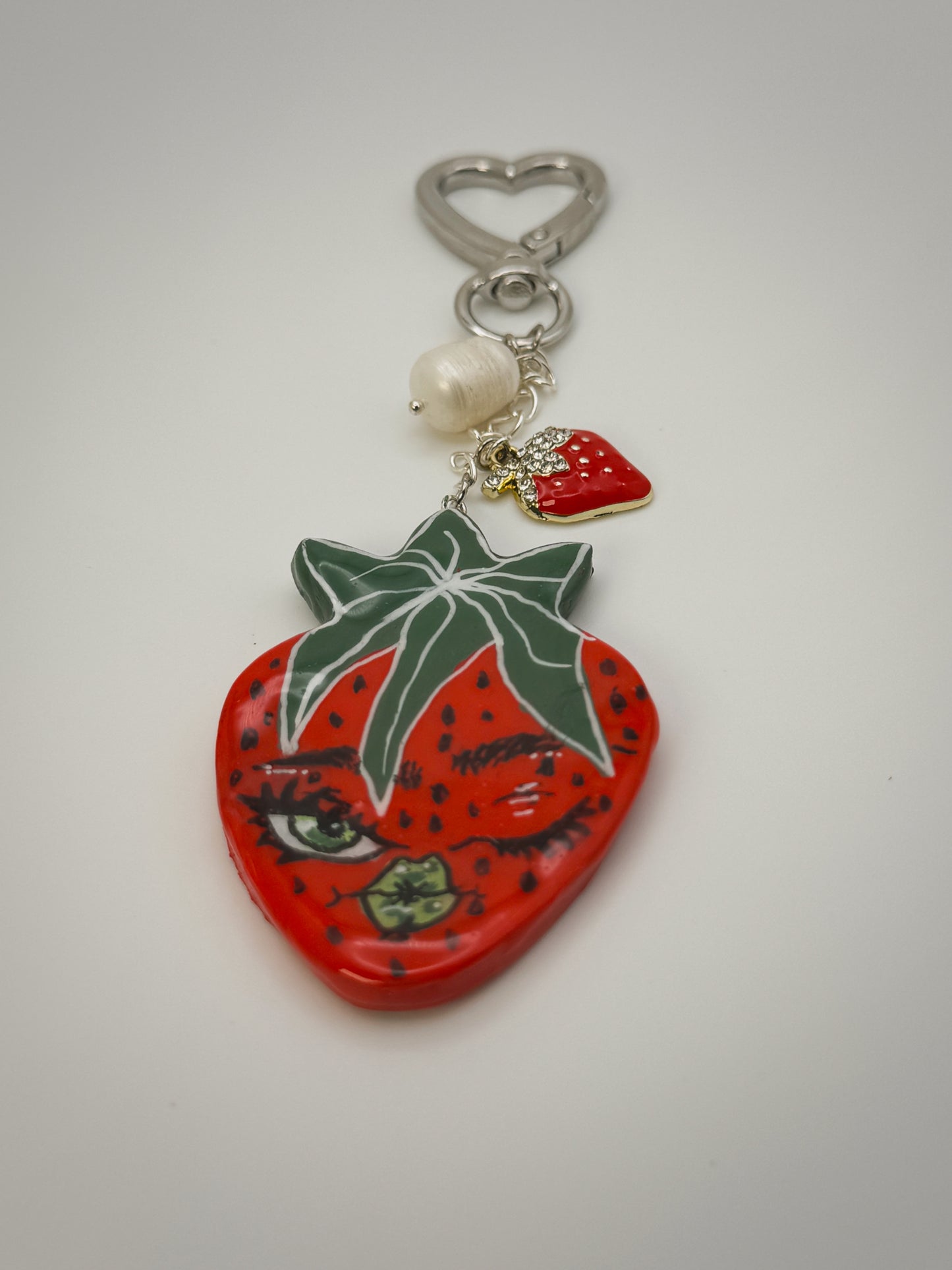 Winking Strawberry Bag Charm | Handmade Polymer Clay Key Chain