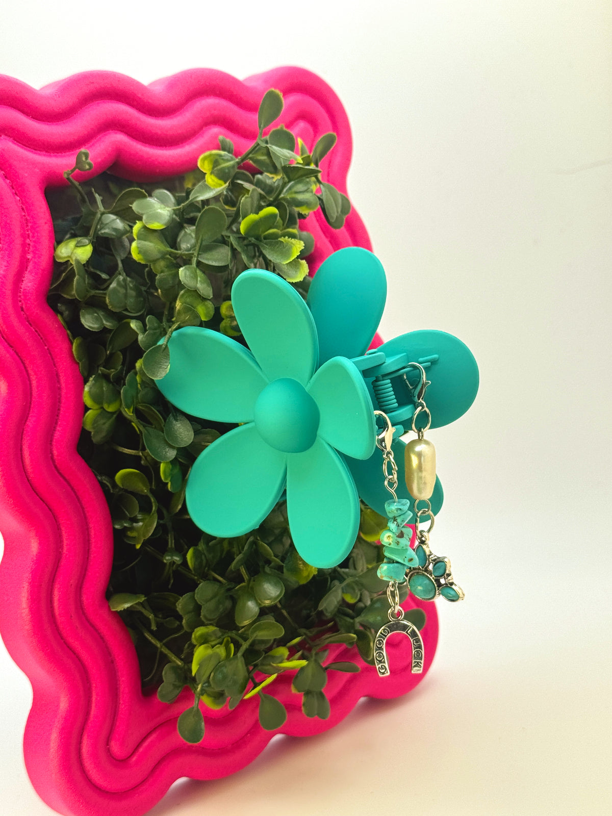 Turquoise Flower Medium Claw Clip with Handmade Beaded Charms | Removable Charm Clip | 3.1”