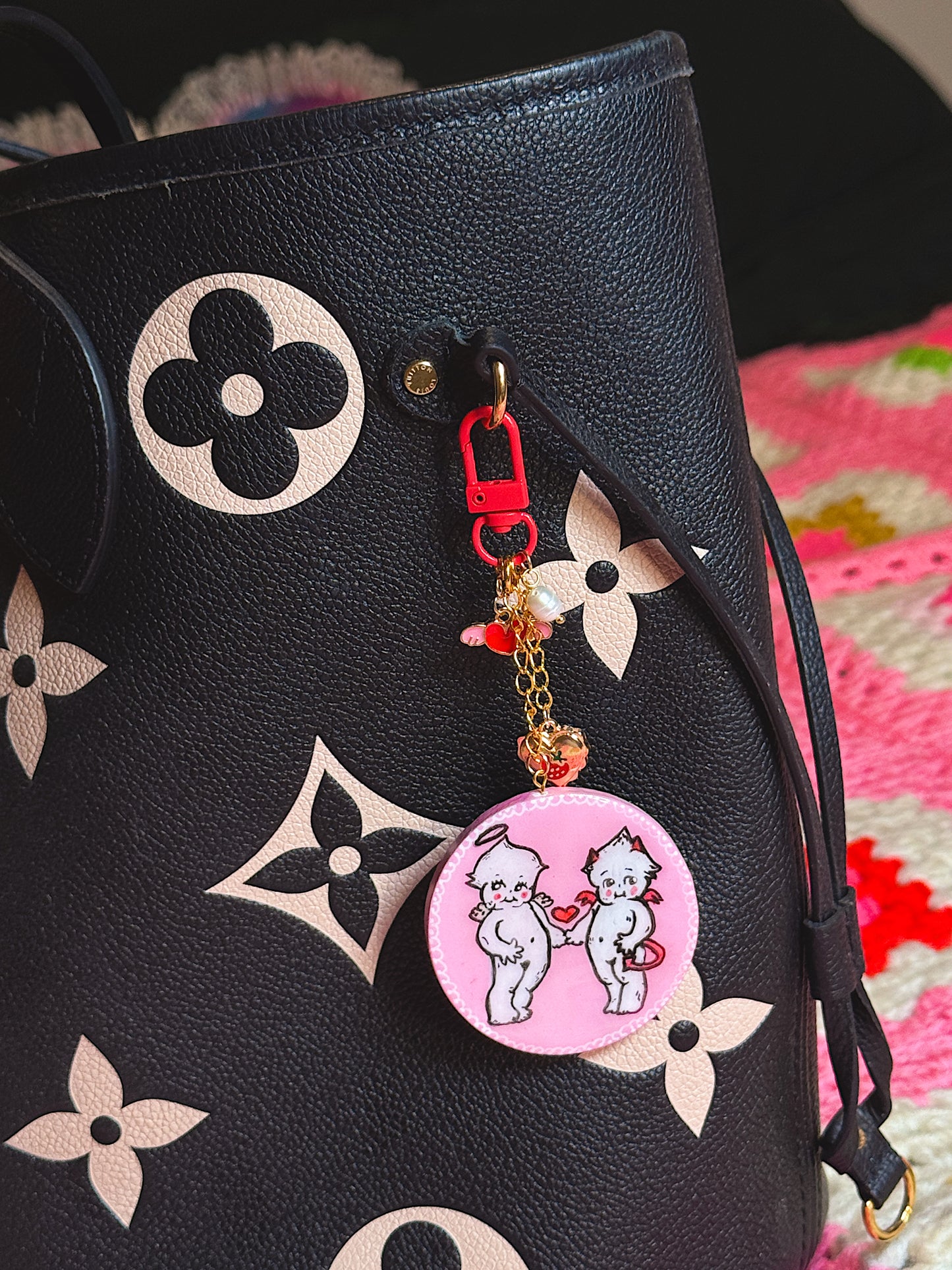 Kewpie-Inspired Cherub Bag Charm – Pink Angel & Devil Heart Keychain