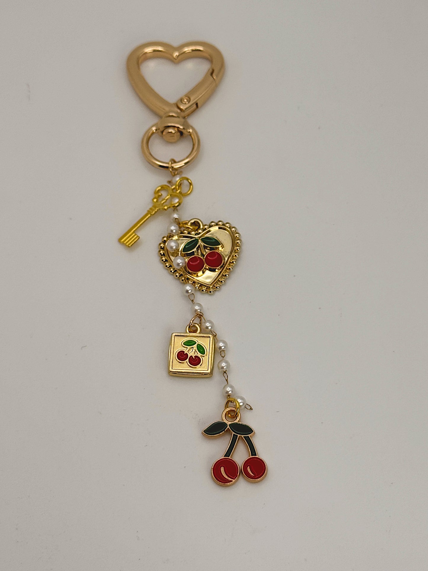 Cherry Heart Bag Charm with Gold Heart Clip & Pearl Chain