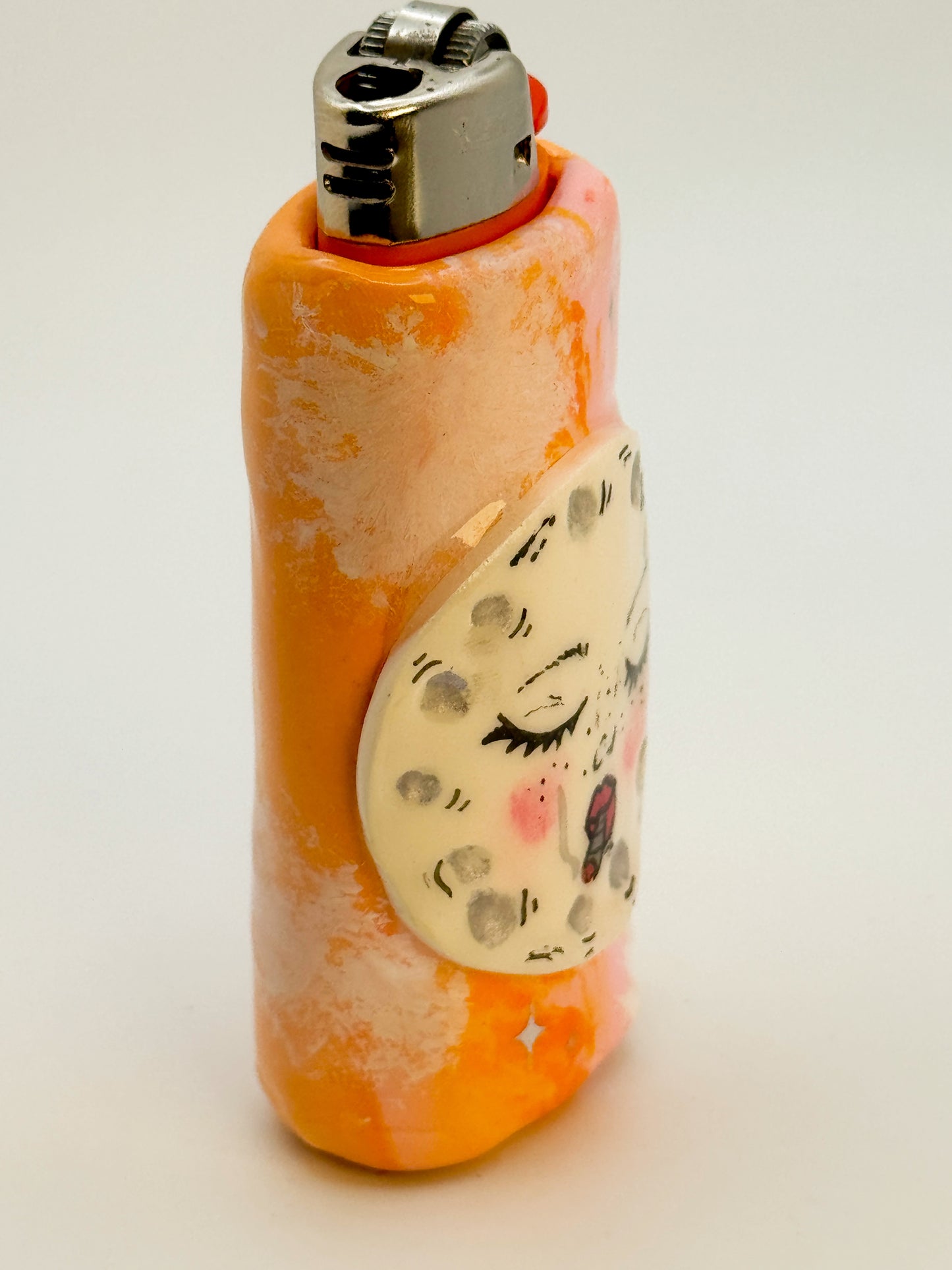 Handmade Smoking Moon Lighter Case – Polymer Clay Celestial Cover – Fits Standard Bic Lighter