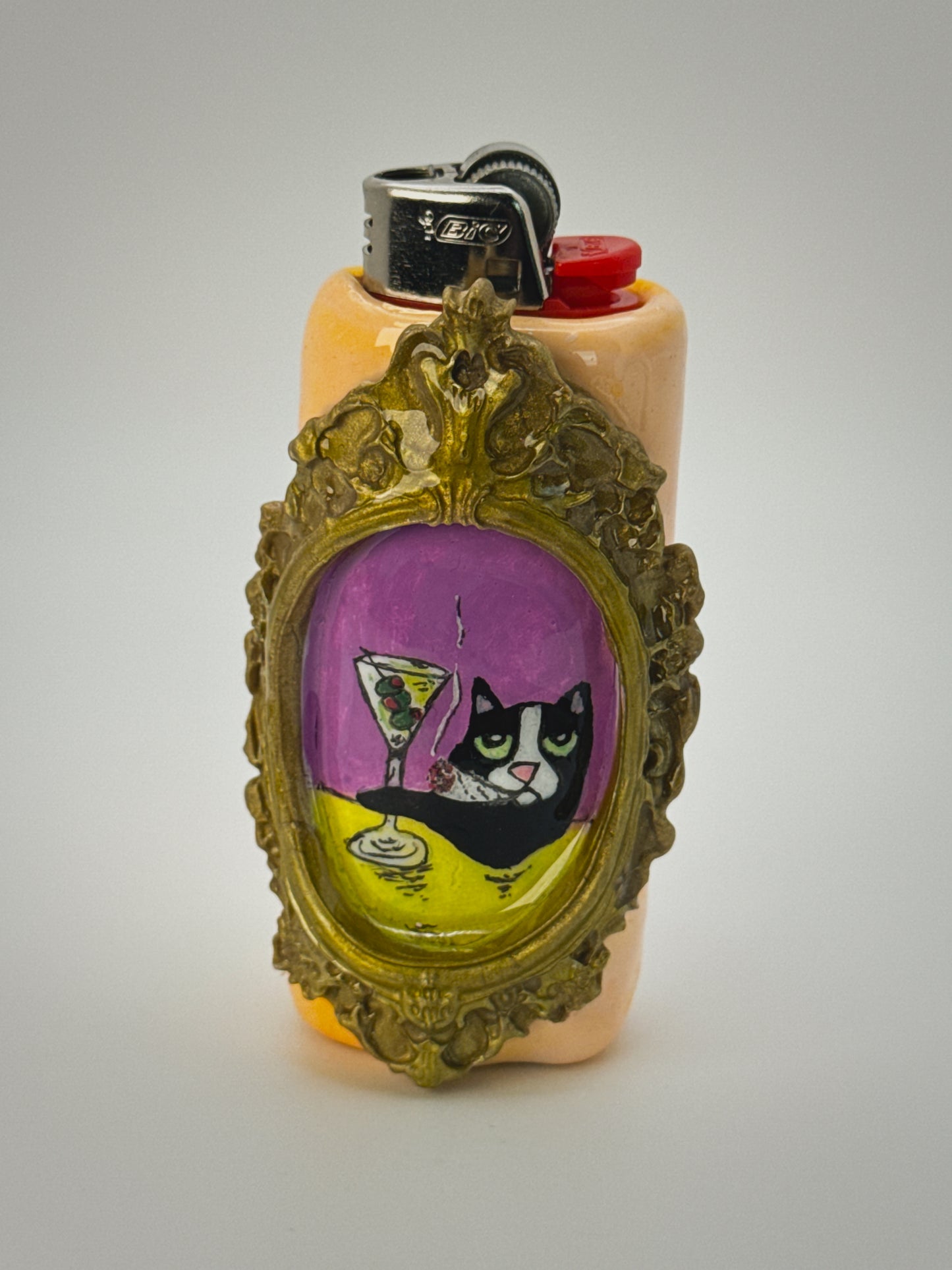 Vintage Frame Martini Cat Lighter Case| Fits Standard Bic | Handmade Polymer Clay Art