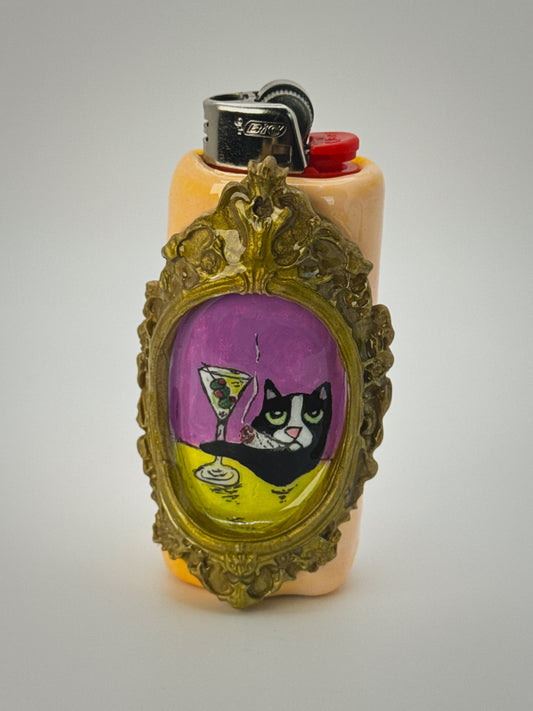 Vintage Frame Martini Cat Lighter Case| Fits Standard Bic | Handmade Polymer Clay Art