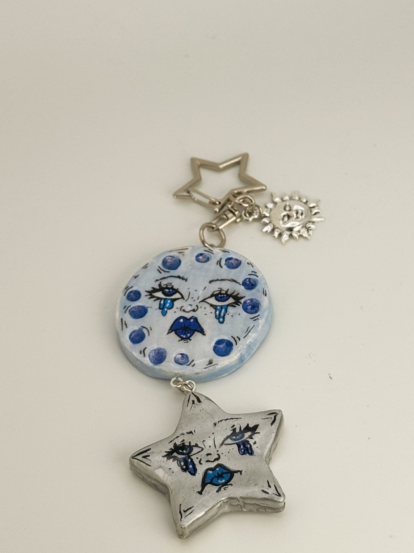 Sad Girl Moon & Star Duo Keychain – Polymer Clay Bag Charm – Hand Painted Celestial Moon Charm