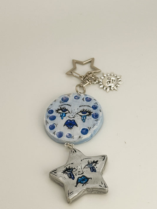 Sad Girl Moon & Star Duo Keychain – Polymer Clay Bag Charm – Hand Painted Celestial Moon Charm