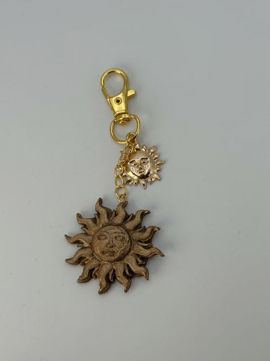 Golden Celestial Sun Bag Charm – Handmade Polymer Clay Keychain