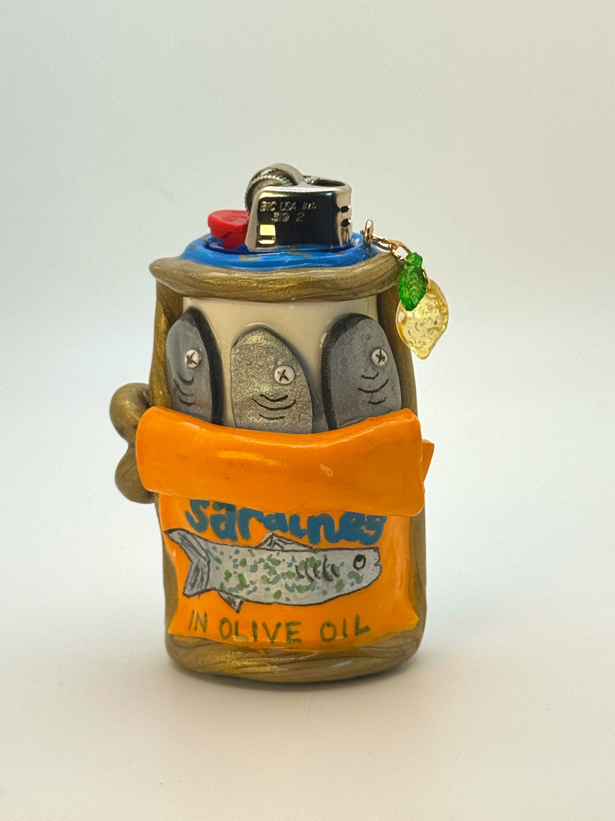 Sardines Tin Case with charm| Fits Standard Bic | Handmade Polymer Clay Art