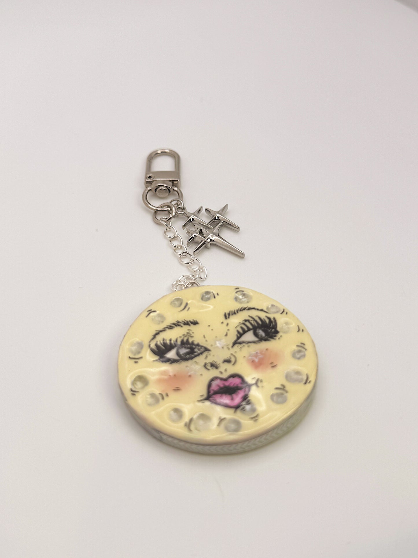 Moon Face Keychain & Bag Charm – Hand-Painted Celestial Charm with Star Accen