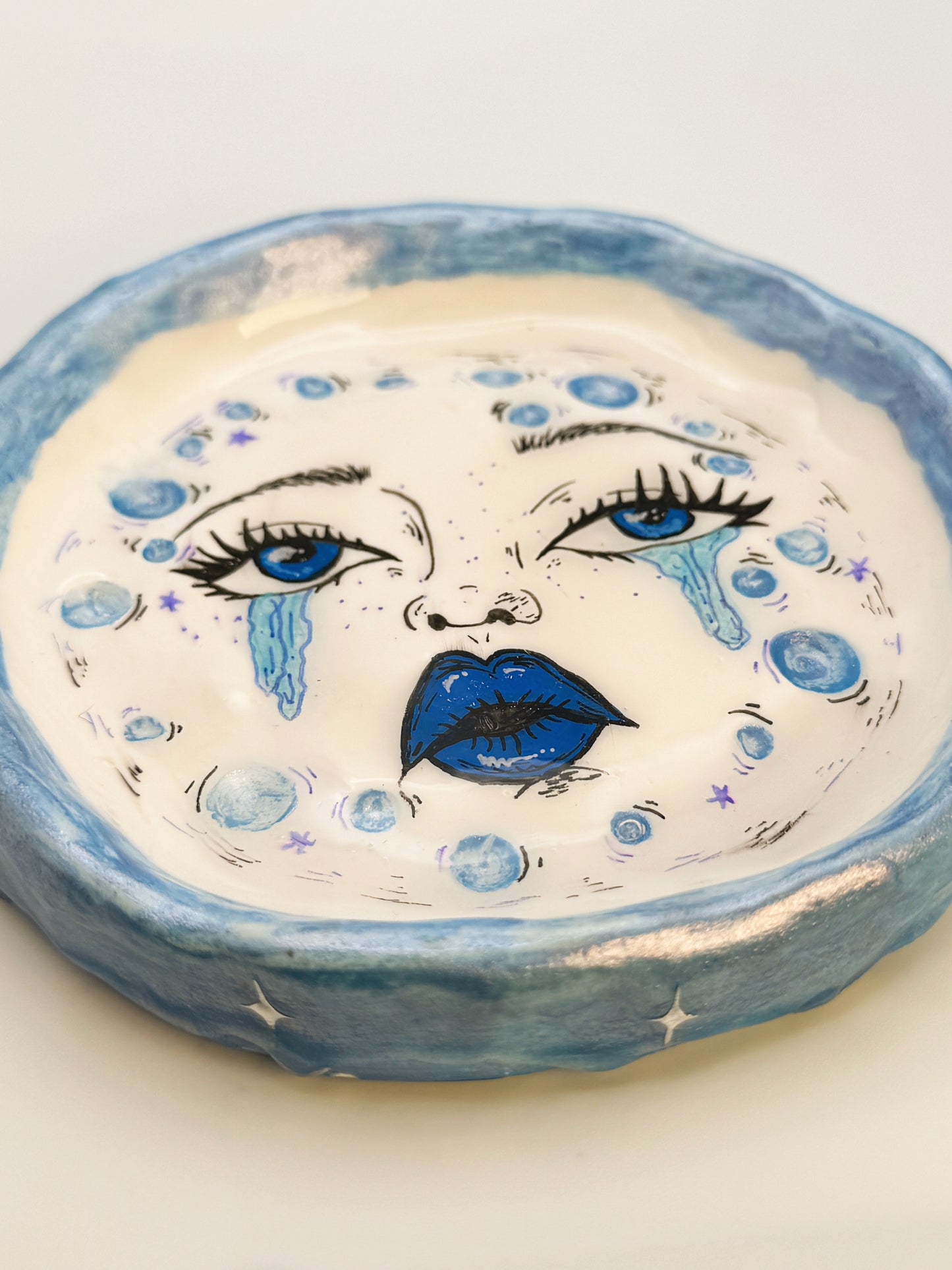 Crying Moon Trinket Dish – Hand-Painted Celestial Face