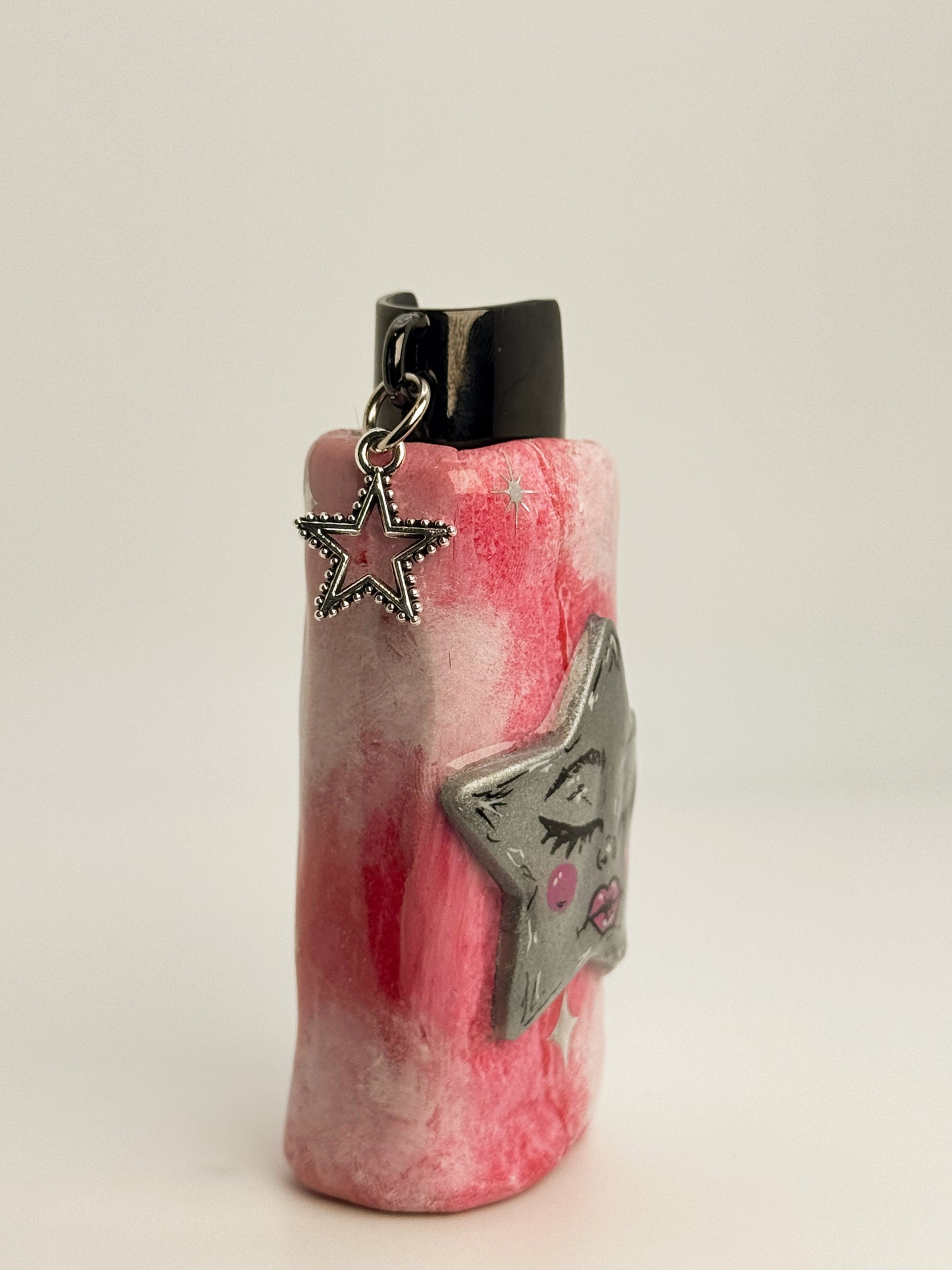 Pink Celestial Star Lighter Case w/ Charm | Fits Standard Bic | Handmade Polymer Clay Art