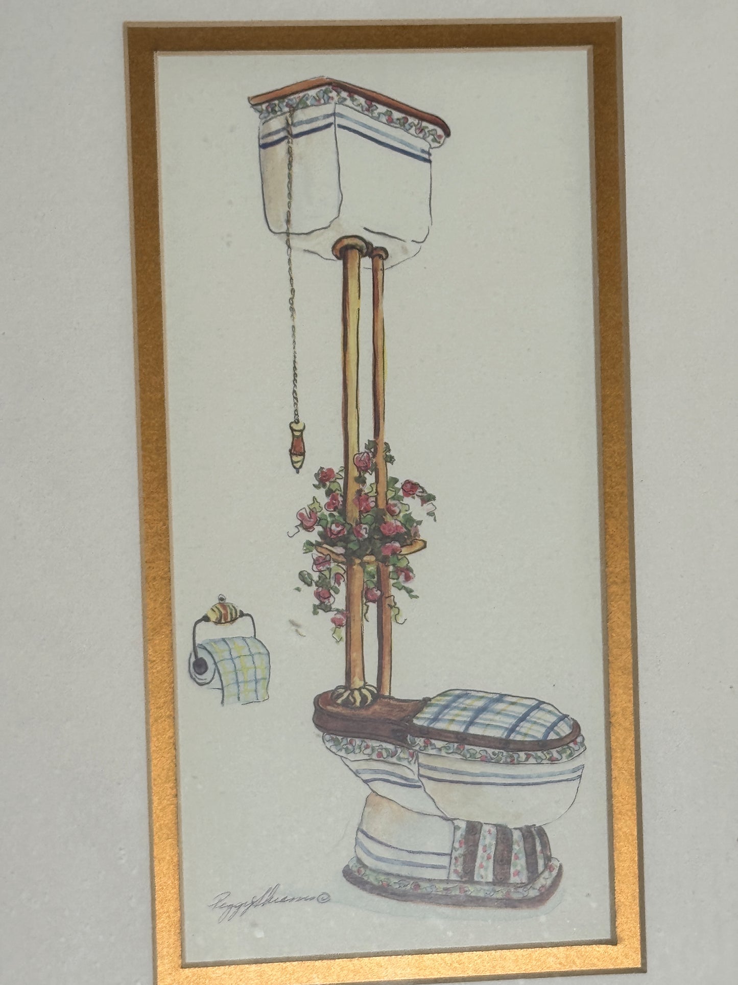 Vintage Victorian Bathroom Illustration in Ornate Gold Frame – 15” x 11”