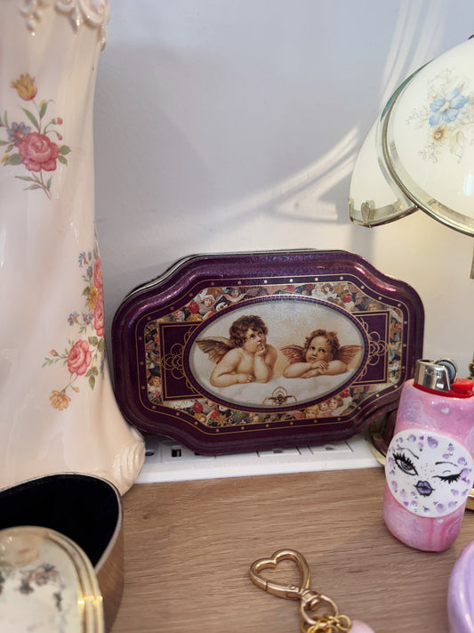 Vintage Cherub Tin Box – Purple Angel Keepsake Tin Valentine’s Décor