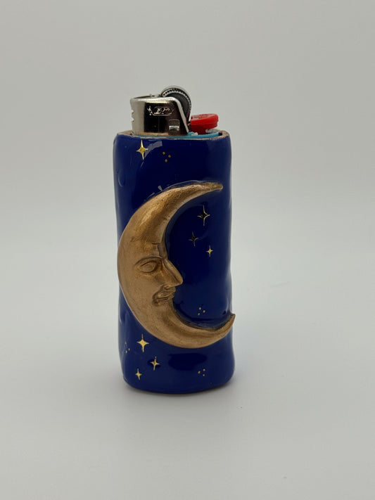 Handmade Celestial Moon Lighter Case Gold – Polymer Clay 90s Inspired Starry Night Cover