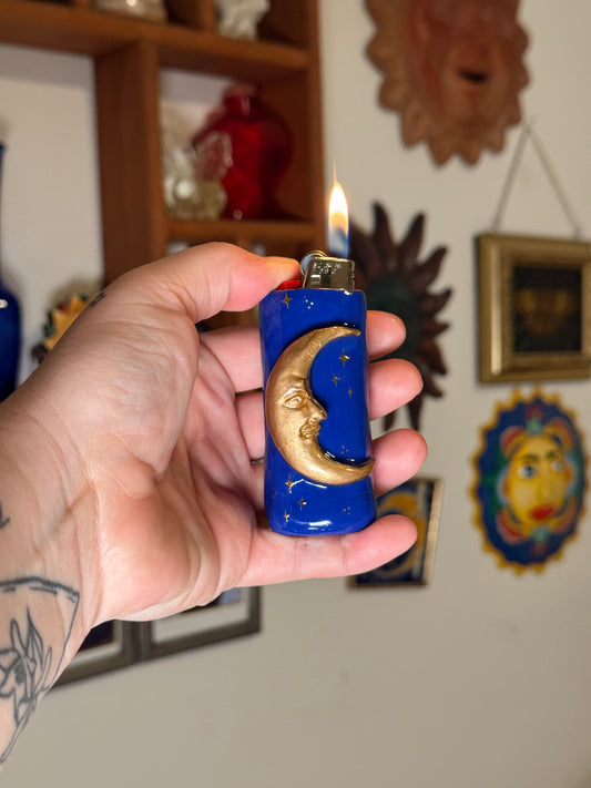 Handmade Celestial Moon Lighter Case Gold – Polymer Clay 90s Inspired Starry Night Cover