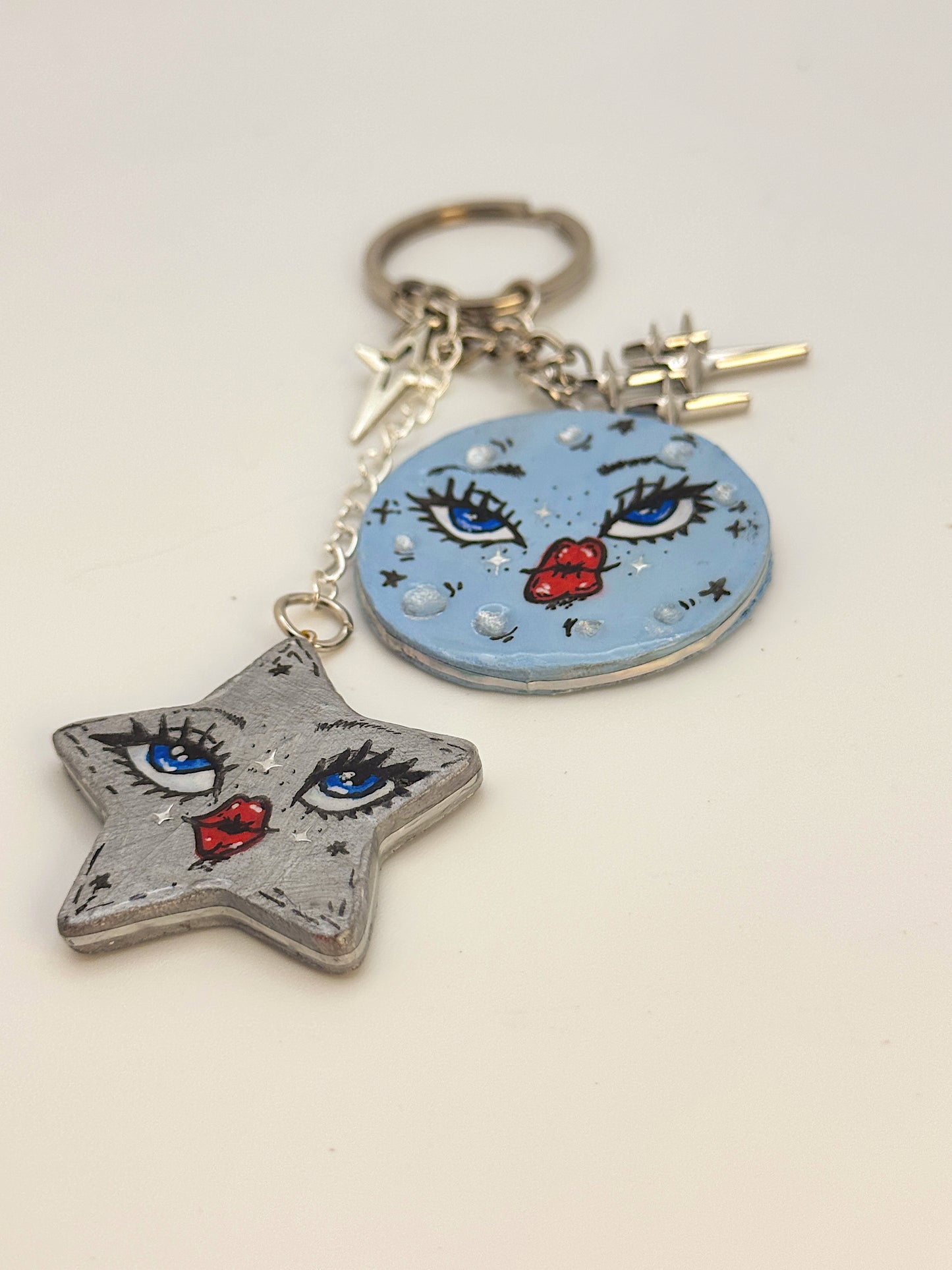 Moon + Star Duo Keychain – Hand-Painted Celestial Set
