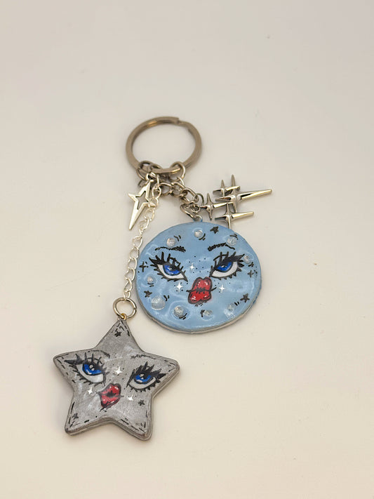 Moon + Star Duo Keychain – Hand-Painted Celestial Set