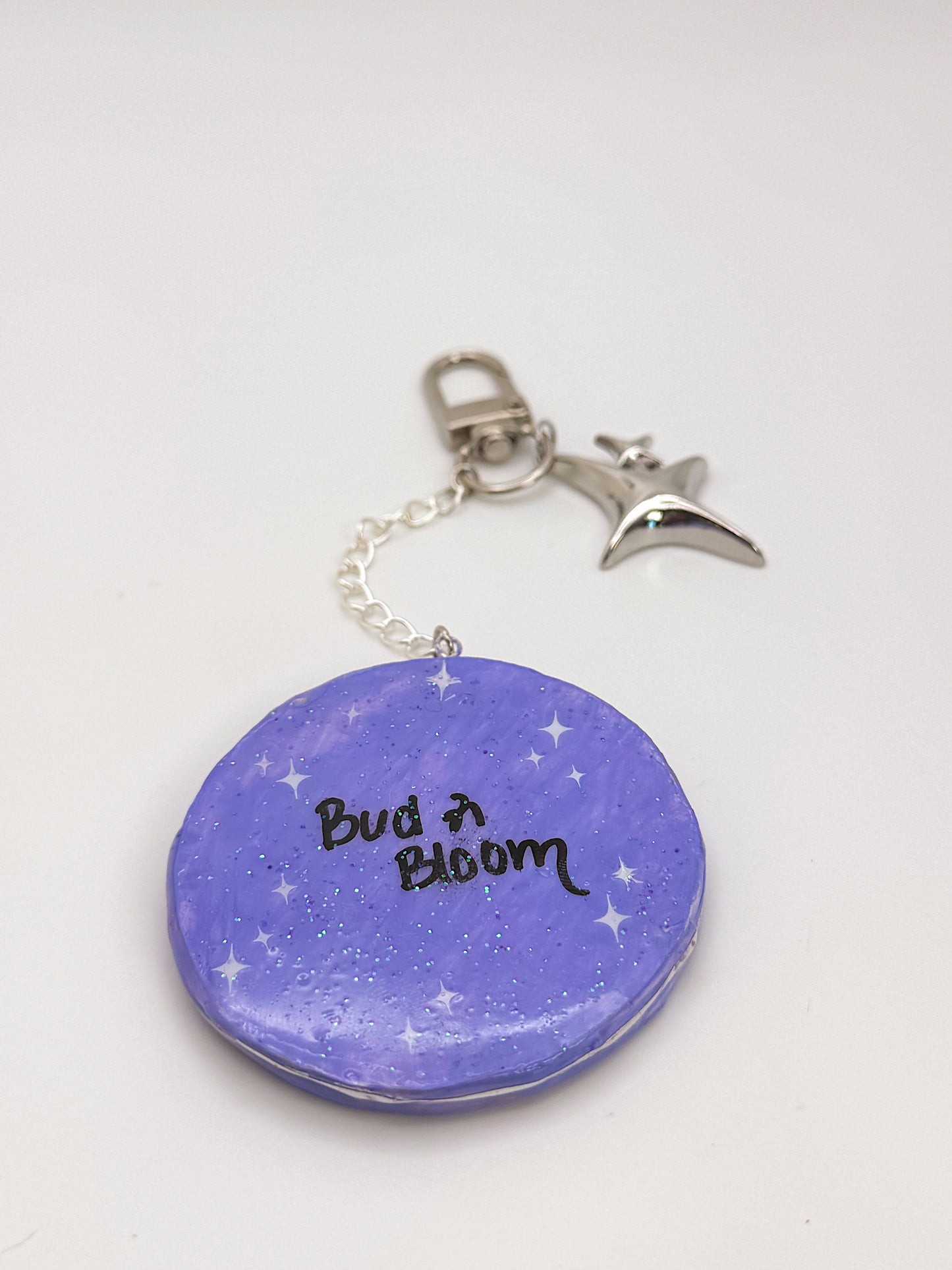 Purple Moon Face Keychain — Hand-Painted and sealed with Glitter UV Resin
