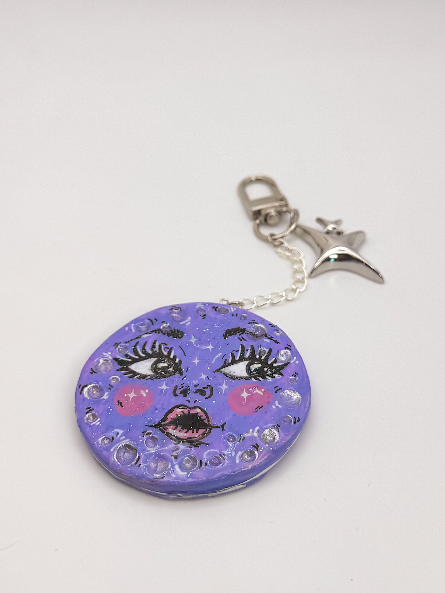Purple Moon Face Keychain — Hand-Painted and sealed with Glitter UV Resin