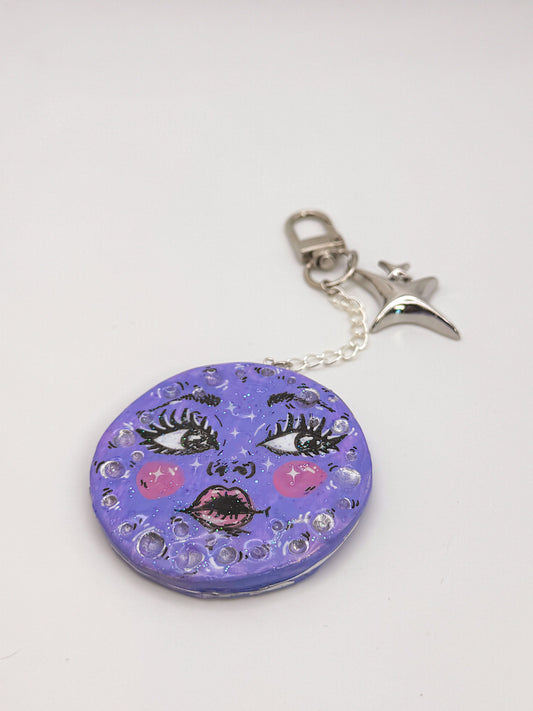 Purple Moon Face Keychain — Hand-Painted and sealed with Glitter UV Resin