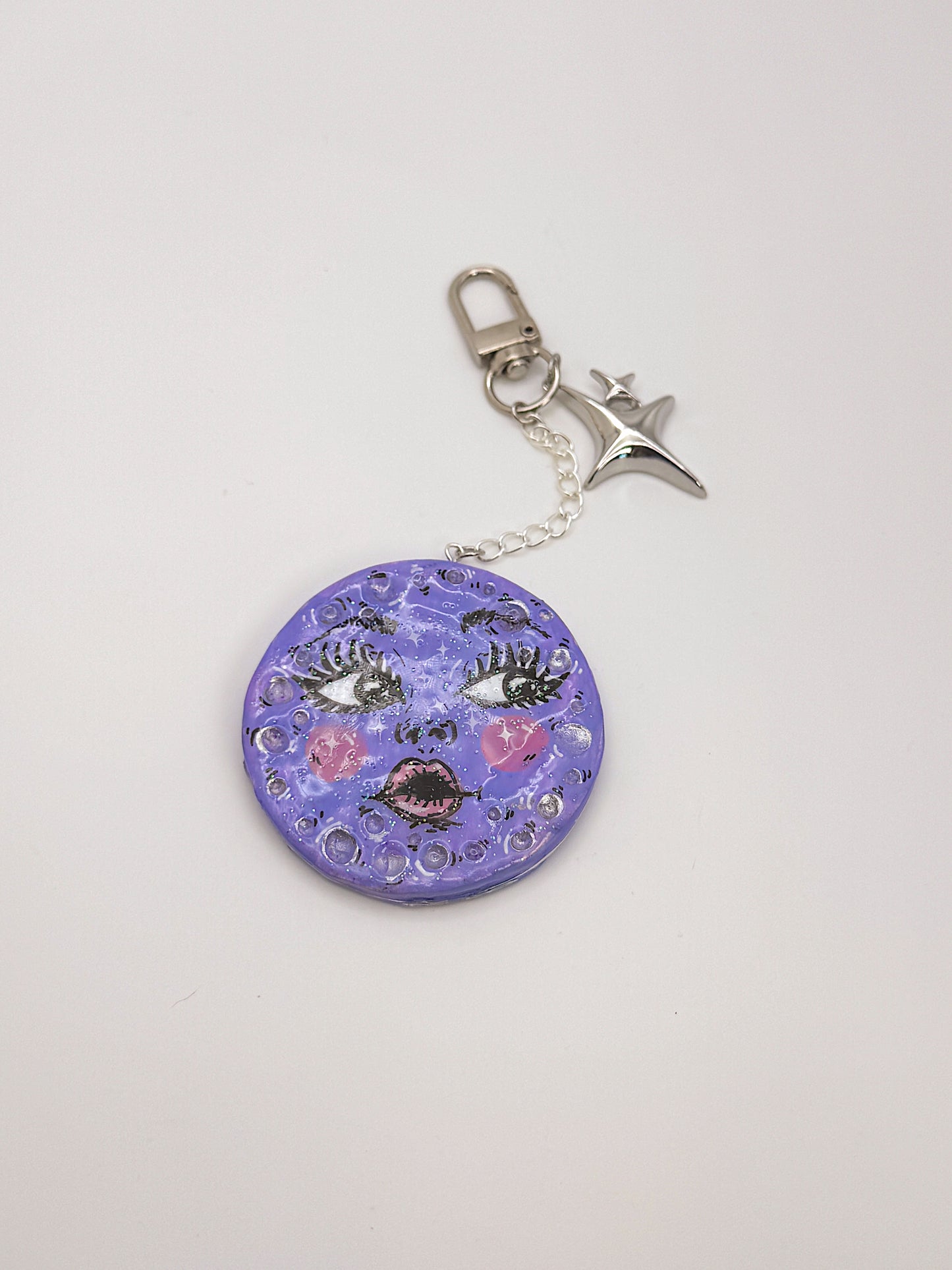 Purple Moon Face Keychain — Hand-Painted and sealed with Glitter UV Resin
