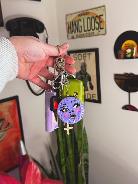 Purple Moon Face Keychain — Hand-Painted and sealed with Glitter UV Resin