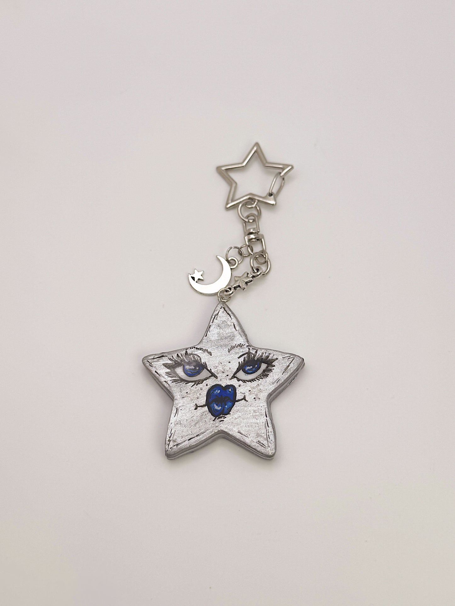 Star Face Keychain & Bag Charm – Hand-Painted Celestial Star with Moon Charm
