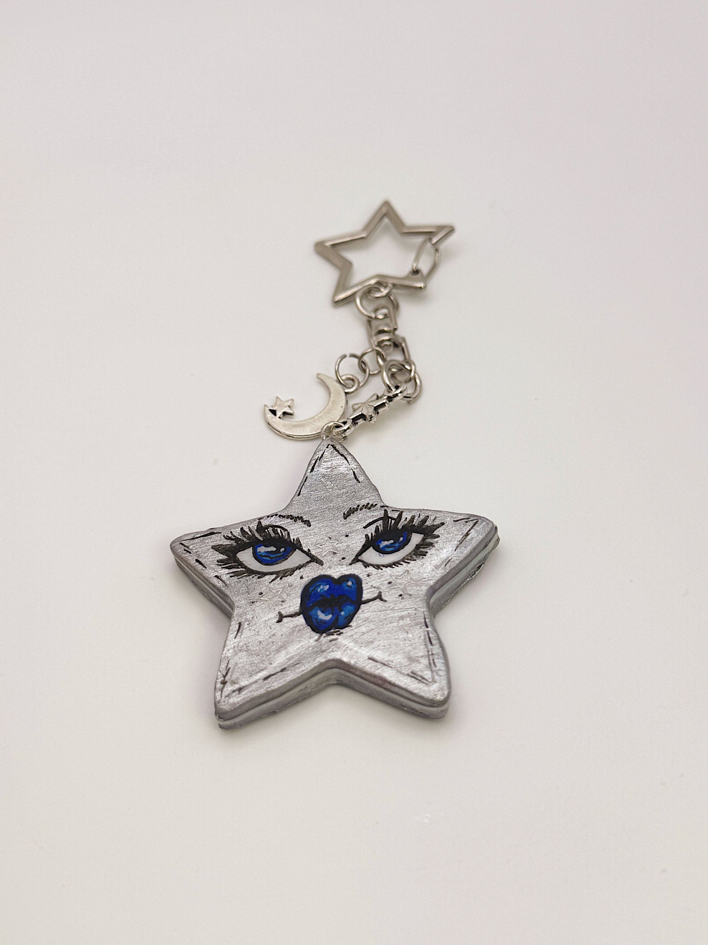 Star Face Keychain & Bag Charm – Hand-Painted Celestial Star with Moon Charm