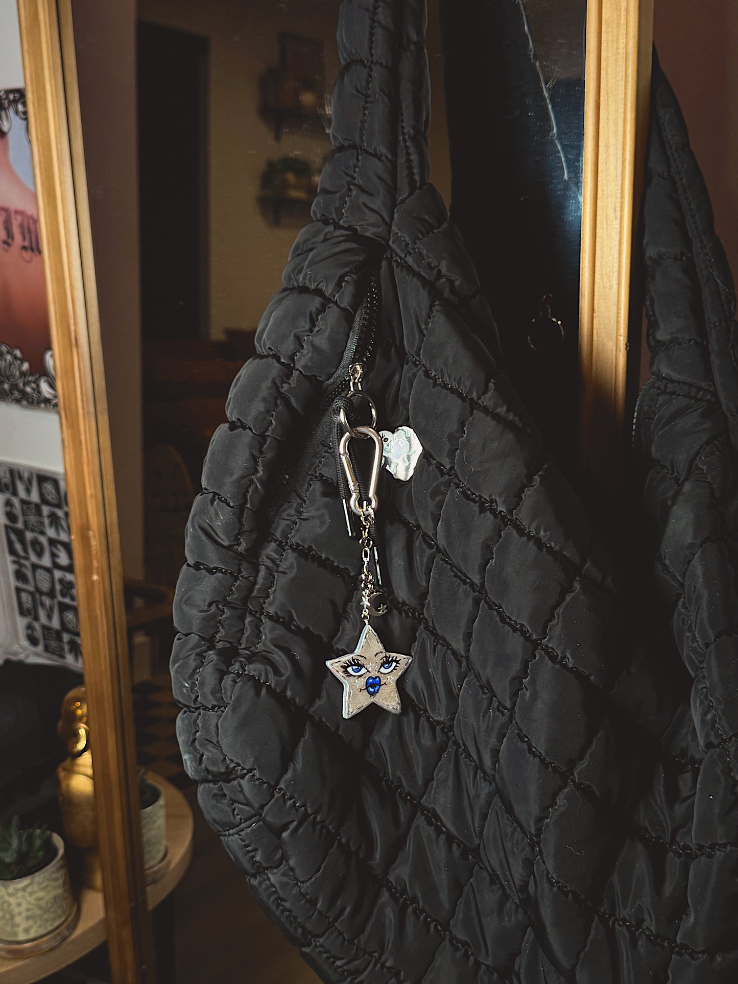 Star Face Keychain & Bag Charm – Hand-Painted Celestial Star with Moon Charm