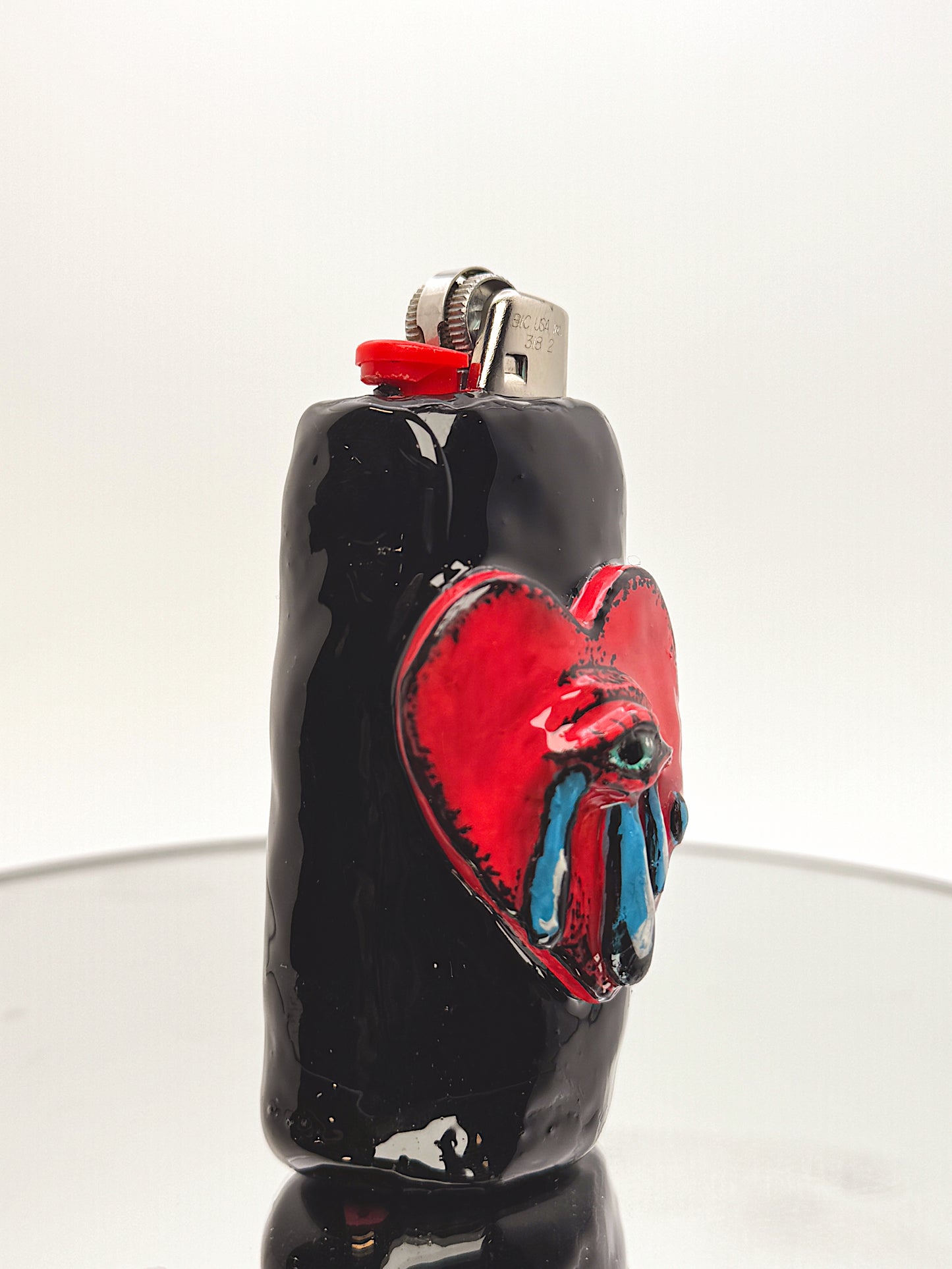 Traditional Tattoo Heart Lighter Case – Handmade Polymer Clay Lighter Cover | Red Heart with Eye Design | Unique Gift for Smokers