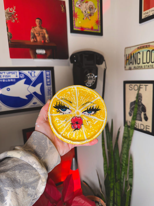 Handmade Sour Lemon Face Trinket Dish or Ashtray – Hand-Sculpted, Puckered Citrus Cutie (6”)