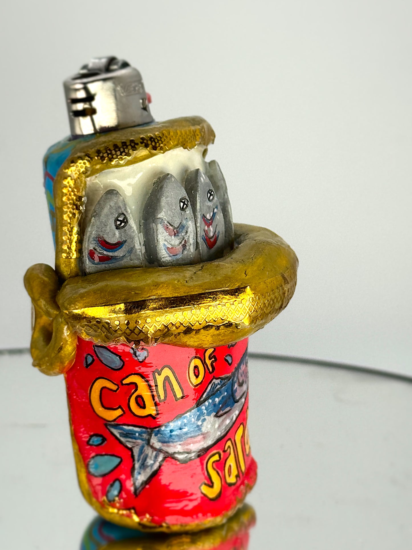 Handmade Sardine Can Lighter Case– Funky Polymer Clay Sculpture