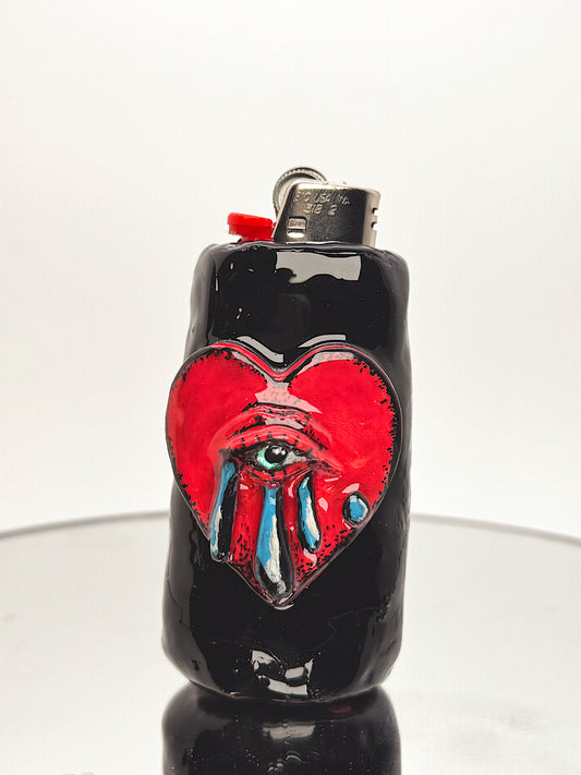 Traditional Tattoo Heart Lighter Case – Handmade Polymer Clay Lighter Cover | Red Heart with Eye Design | Unique Gift for Smokers