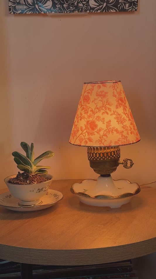 Vintage Milk Glass Accent Lamp – Floral Cottagecore Boudoir Light – 10” Tall