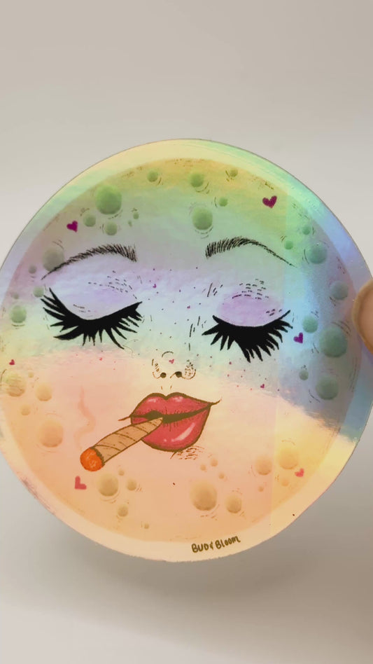 Holographic Smoking Moon Vinyl Sticker | Whimsical Celestial Moon Art