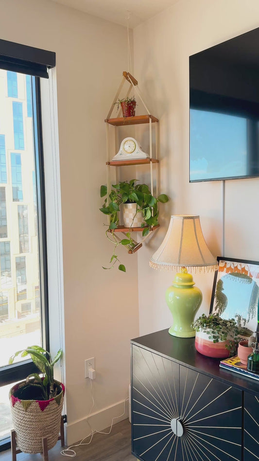 Vintage MCM Floating Canvas Hanging Shelf - Boho Hanging Plant Stand - 55" Tall